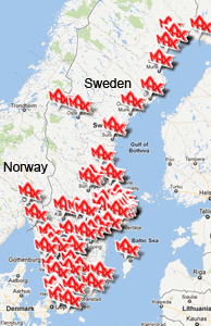 Map of the Nordic countries and MAX-logos of locations. Illustration