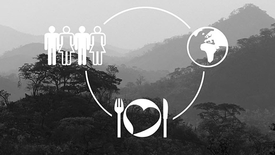 Sustainability illustration on background imagee, a dark forrest. Illustration of people, earth and a plate with cutlery and a heart in a circle.